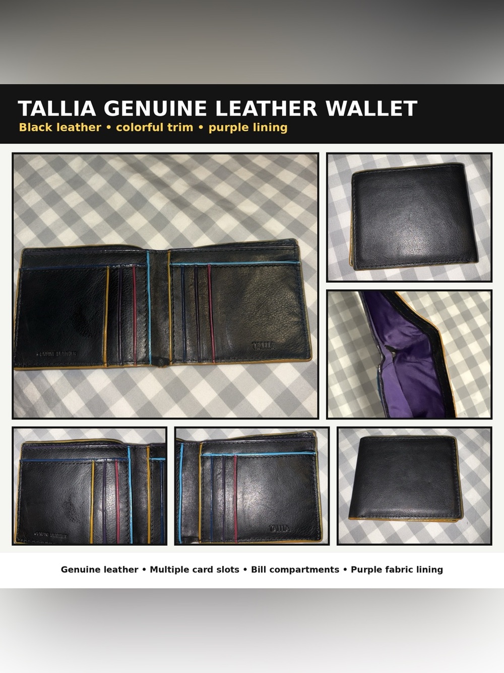 Tallia Genuine Leather Black Bifold Wallet Colorful Trim Purple Lining